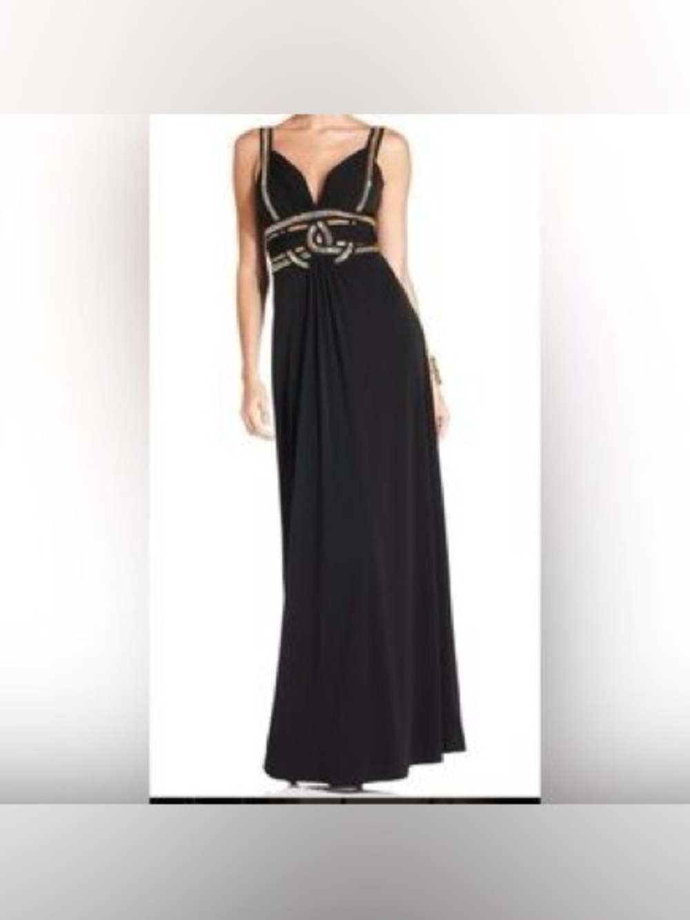 Betsy & Adam black jersey knit evening gown gold beads Greek goddess maxi dress